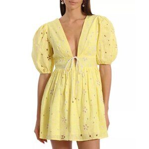 Avec Les Filles Lemon Yellow Eyelet Puff Sleeve Mini Dress Babydoll Party Spring
